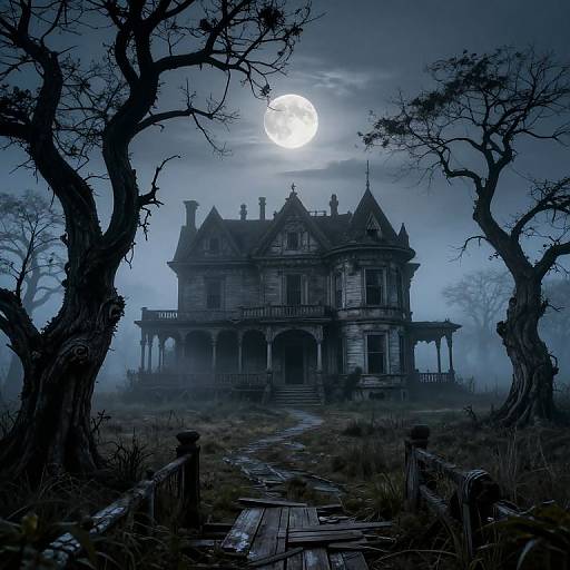 Digital artwork of a spooky, gothic mansion under a full moon, surrounded by eerie, twisted trees and a dilapidated wooden path.