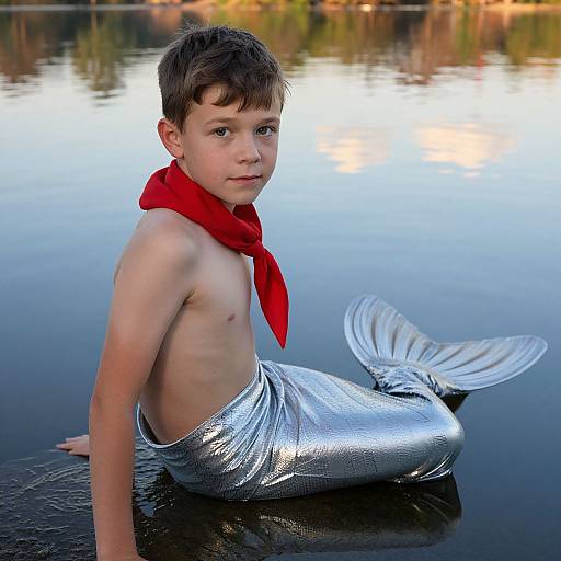 Mermaid Boy by Calm Lake at Golden Hour