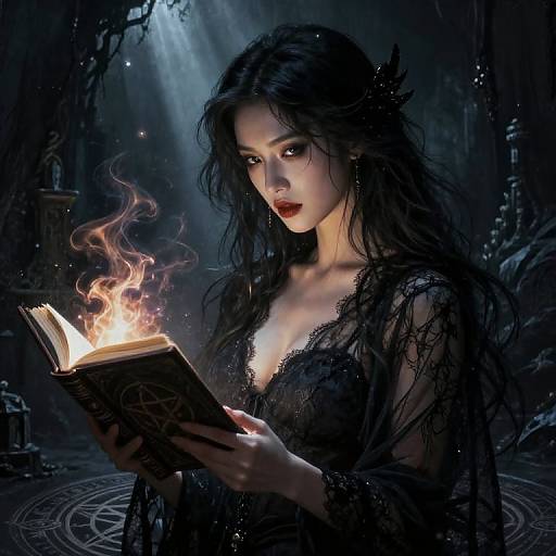 Digital fantasy artwork of a pale, dark-haired woman with red lips, wearing a sheer black lace dress, reading an enchanted book with a magical flame,