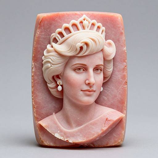 Photograph of a detailed, pink marble relief sculpture depicting a regal woman with a crown, pearl earrings, and elegant 18th-century hairstyle.