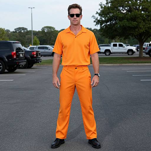 Photograph of a man in bright orange prison uniform, black sunglasses, black shoes, standing in a parking lot with cars and trees in the background.
