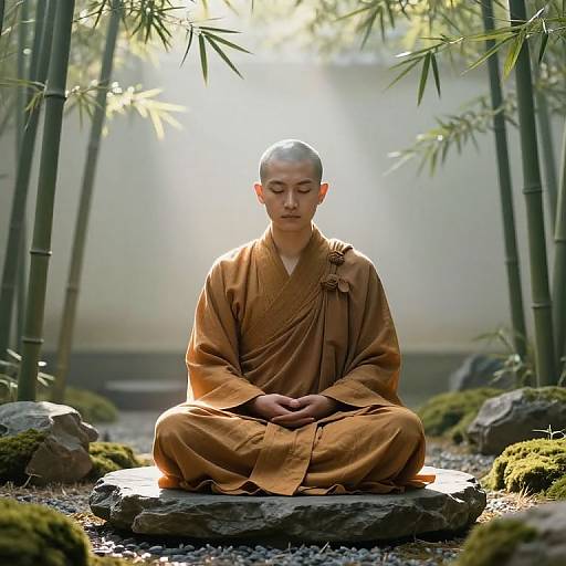 Photograph of a calm, young Asian monk with shaved head, wearing an orange robe, meditating on a rock in a serene bamboo forest. Soft