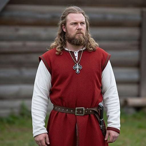 Photograph of a bearded man with long, wavy brown hair, wearing a red medieval tunic with white sleeves and a belt, standing in