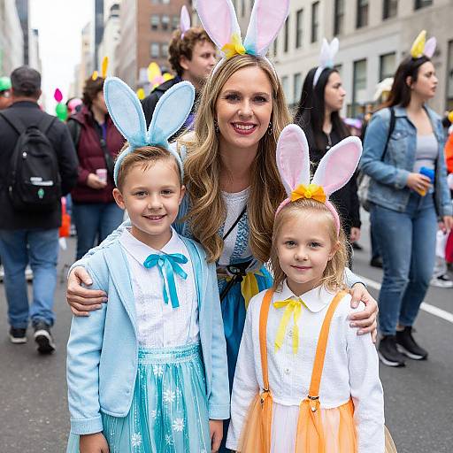 Photograph of a smiling woman with long brown hair, wearing a blue dress, standing with two children in bunny ears and Easter outfits, at a colorful