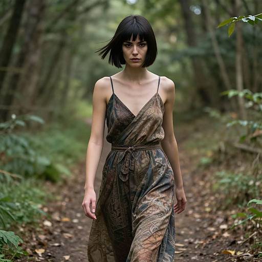 Woman with Sleek Hair in Forest