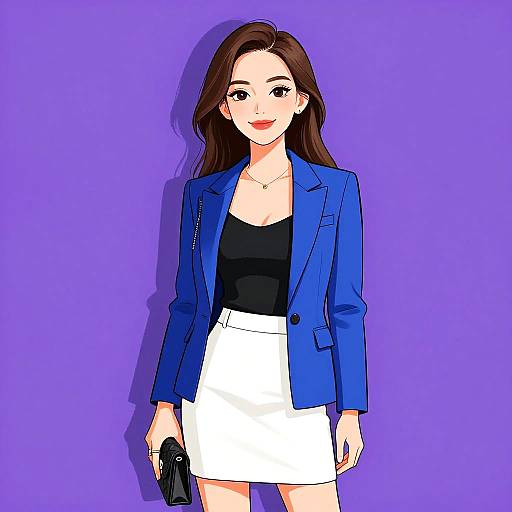 Digital anime-style drawing of a smiling woman with long brown hair, wearing a blue blazer, black top, white skirt, and holding a black purse