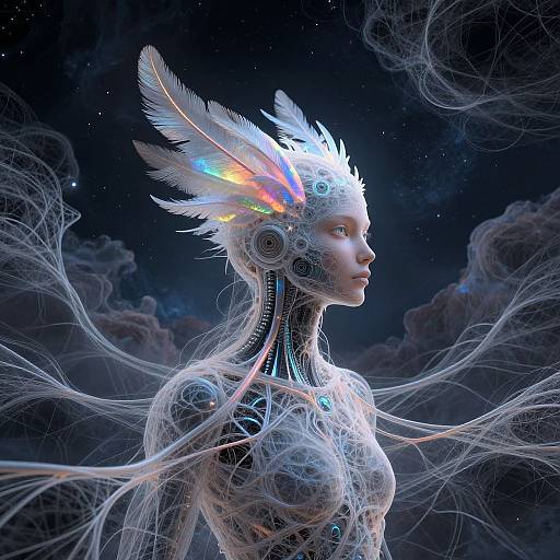 Digital artwork: Cybernetic woman with glowing, feathered headdress, intricate wiring, and ethereal white tendrils against a starry, cosmic