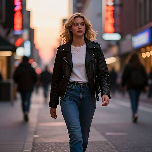 Photograph of a confident blonde woman in a black leather jacket and blue jeans, walking down a bustling urban street at sunset, with blurred neon lights in