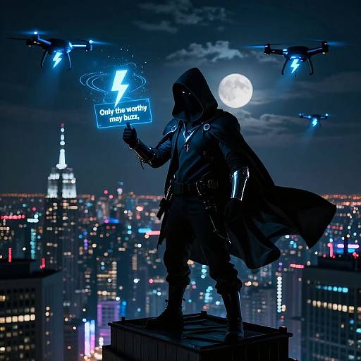 Silhouetted hooded figure with glowing 