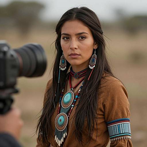 Photograph of a Native American woman with long black hair, brown dress, blue turquoise jewelry, serious expression, blurred outdoor background, camera in foreground.
