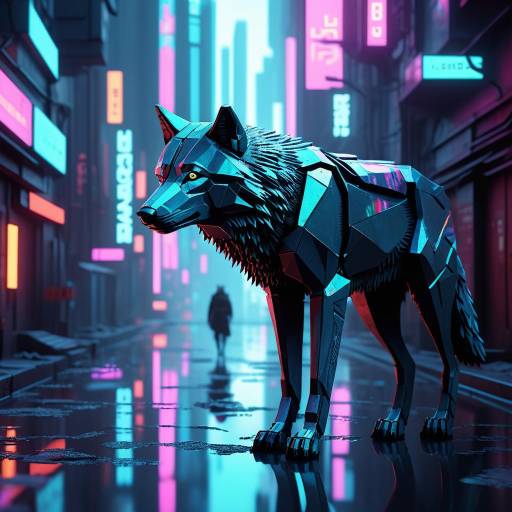 Holographic Wolf in Cyberpunk Cityscape Holographic Wolf in Cyberpunk Cityscape