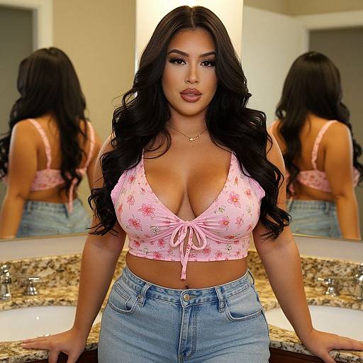 Photograph of a curvy, Latina woman with long black hair, wearing a pink floral crop top and high-waisted blue jeans, standing in