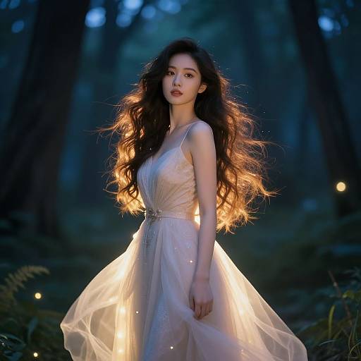 Photograph of an ethereal Asian woman with long, wavy brown hair in a glowing white dress, standing in a dark, enchanted forest at twilight
