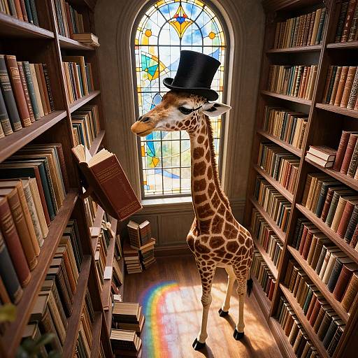 Photograph of a giraffe wearing a black top hat, standing between bookshelves in a library, reaching for a book, with colorful stained glass