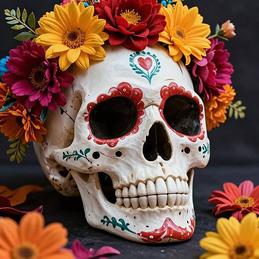 Photograph of a white skull adorned with vibrant red, yellow, and orange flowers, featuring intricate red floral patterns on its face and forehead, against a