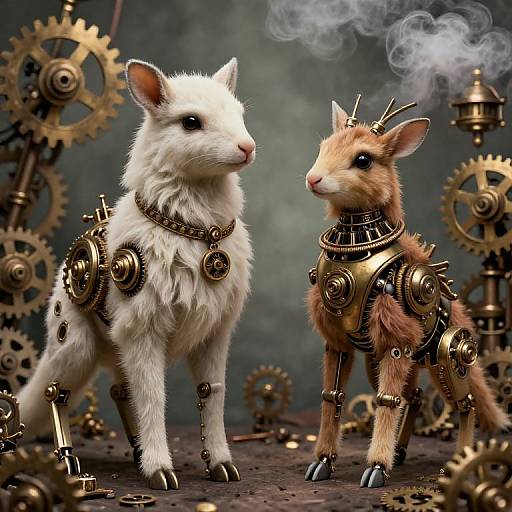 Digital art of a white, fluffy, steam-powered goat and a brown, mechanical, smoke-emitting goat standing amidst steampunk gears and cogs