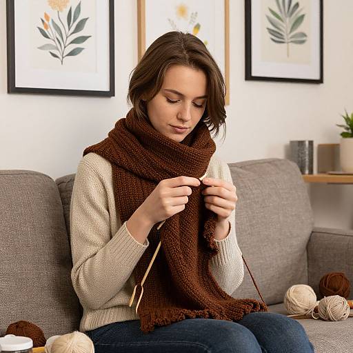 Cozy Woman Knitting Scarf Indoors