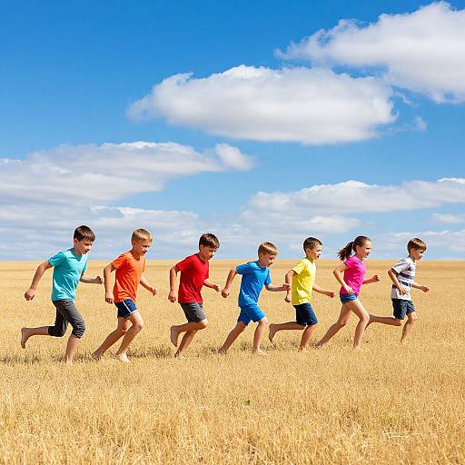 Photograph of six children, five boys and one girl, running in a golden wheat field under a bright blue sky with white clouds. Each wears a