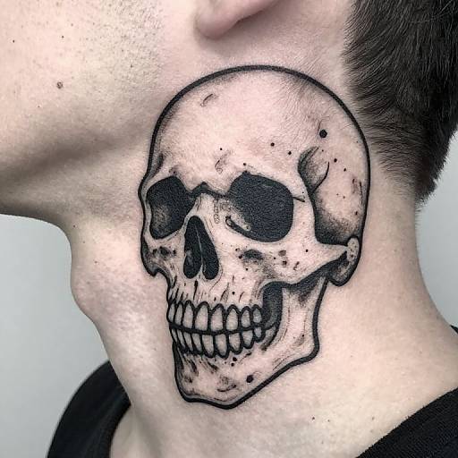 Close-up photograph of a tattooed human neck showing a detailed black and gray skull with hollow eyes and a grinning jaw.