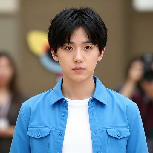 Photograph of a young Asian man with black hair, wearing a blue button-up shirt over a white t-shirt, standing indoors with a blurred background of