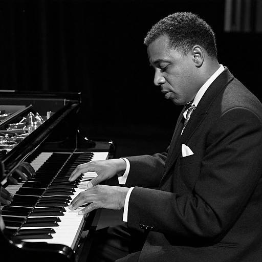Black-and-white photograph of an African-American male pianist in a suit, focused on playing a grand piano, spotlight highlighting his hands.