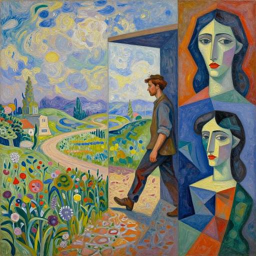 Vivid, Expressionist painting of a man walking through a colorful, floral countryside, with two stylized female portraits on the right.