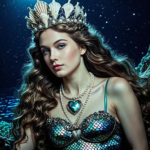 Mermaid with Seashell Crown and Pearl Necklace