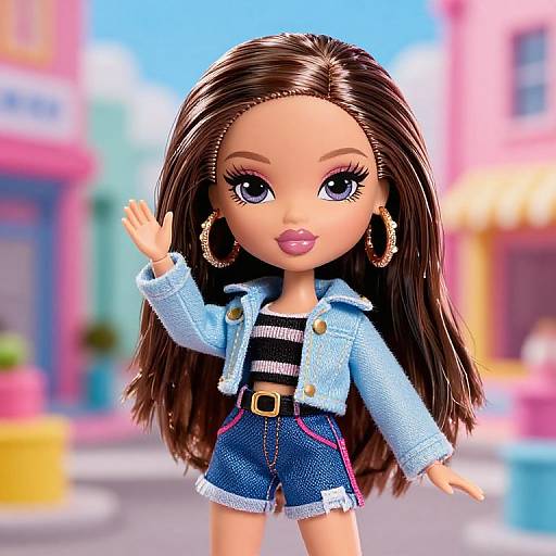 Photograph of a fashion doll with long brown hair, large eyes, pink lipstick, gold hoop earrings, denim jacket, and shorts, waving in a