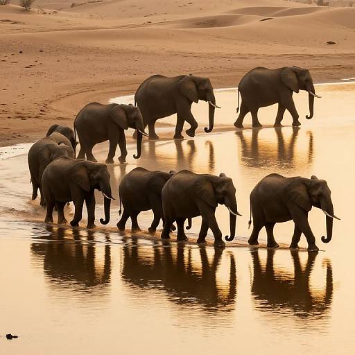Photograph of seven African elephants walking in a reflective, golden-hued waterhole at sunset in a sandy, arid landscape.