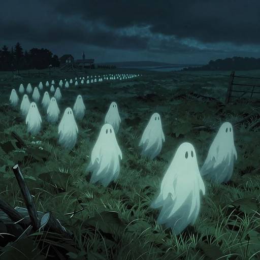 Nighttime digital illustration of glowing white ghostly figures with black eyes, floating in a dark, grassy field under a cloudy sky.