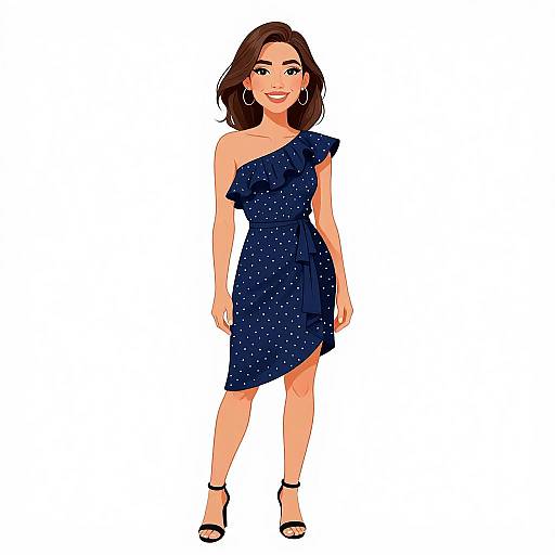 Digital illustration of a smiling woman with brown hair, wearing an asymmetrical blue dress with white polka dots, black high heels, and hoop earrings,