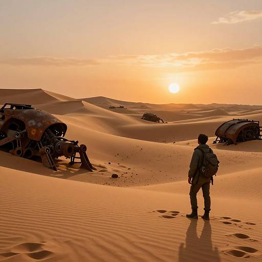 Photograph of a soldier with backpack standing in vast, golden-orange desert sand dunes at sunset, with two damaged vehicles on the left. Sun casts
