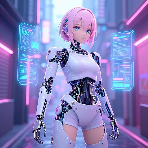 Digital art of a pink-haired, blue-eyed, cybernetic girl with white shorts and glowing neon interface in a neon-lit urban alley.
