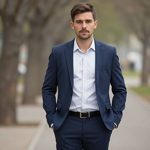 Photograph of a handsome, bearded man in a navy suit, white striped shirt, and black belt, standing confidently on a tree-lined street.