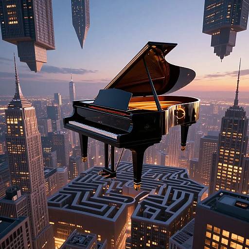 Golden-Winged Piano Soaring Over City