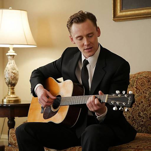 Photograph of a young man in a black suit playing an acoustic guitar in a warmly lit, elegant living room.
