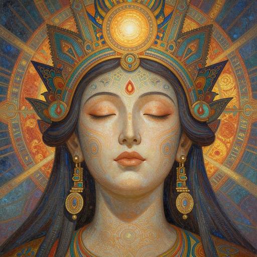 Digital artwork of a serene, fair-skinned woman with closed eyes, dark blue hair, ornate golden crown, and intricate face tattoos, set against