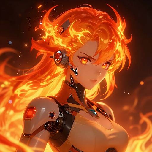 Digital anime-style drawing of a fierce, orange-haired female cyborg with glowing eyes and flaming hair, set against a dark background.