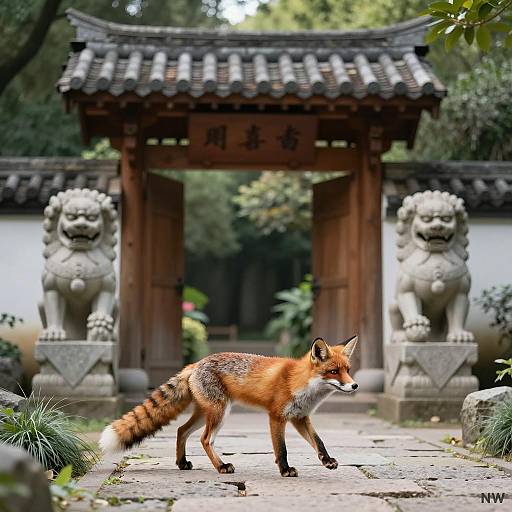 Red Fox with Nine Tails at Traditional Chinese Gate