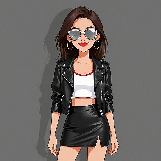 Digital illustration of a confident woman with dark brown hair, wearing sunglasses, red lipstick, a black leather jacket, white crop top, and black leather skirt