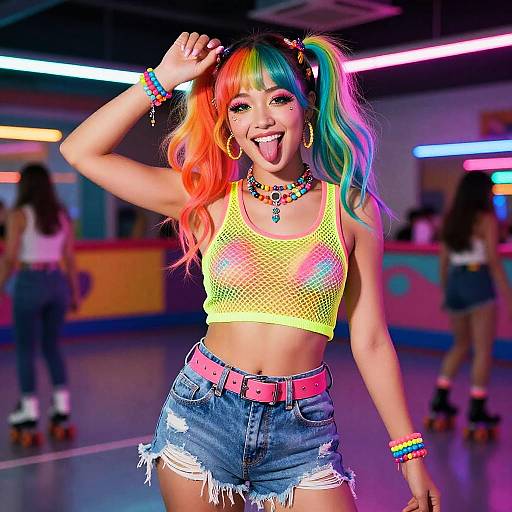 Vibrant photograph of a woman with rainbow hair, yellow mesh top, denim shorts, rainbow accessories, sticking out tongue in a neon-lit roller