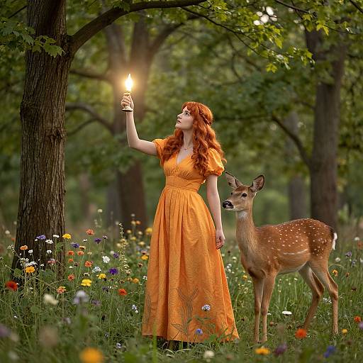 Sunlit Forest Scene with Woman and Deer