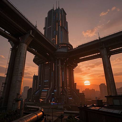 Digital art of a futuristic, towering skyscraper with multiple interconnected levels, illuminated by a vibrant orange sunset. Silhouetted against the sky, the