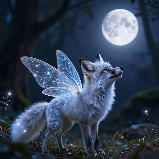 Digital artwork of a white, glowing fox with iridescent fairy wings, standing under a bright full moon in a dark forest.