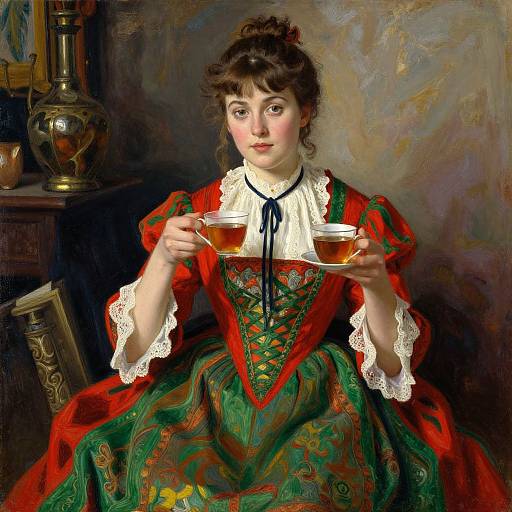 Victorian-era painting of a young woman with brown hair in an ornate green and red dress, holding two teacups, seated in a dim
