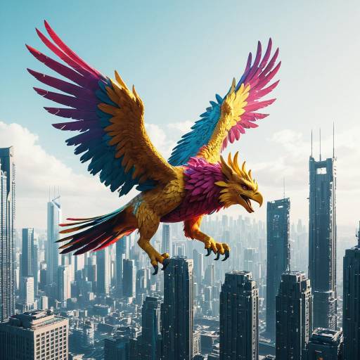 Colorful Griffin Flying Over Cyberpunk City