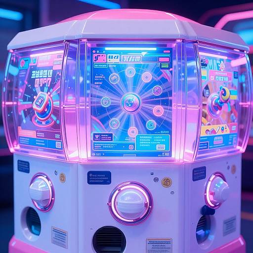 Photograph of a vibrant, neon-lit, transparent arcade game machine with glowing blue and pink interfaces, round buttons, and illuminated dials.
