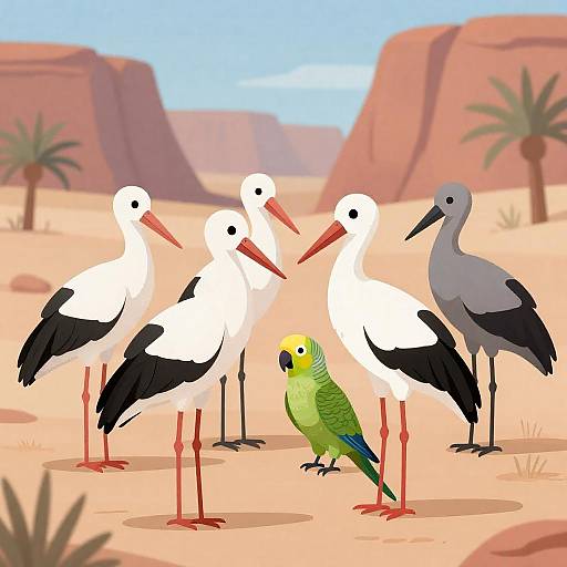Vibrant Desert Scene with Storks and Parrot