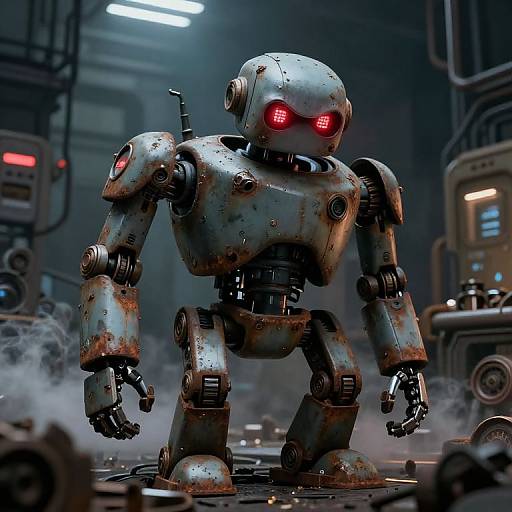 Grouchy Rusted Robot in Cyberpunk Factory