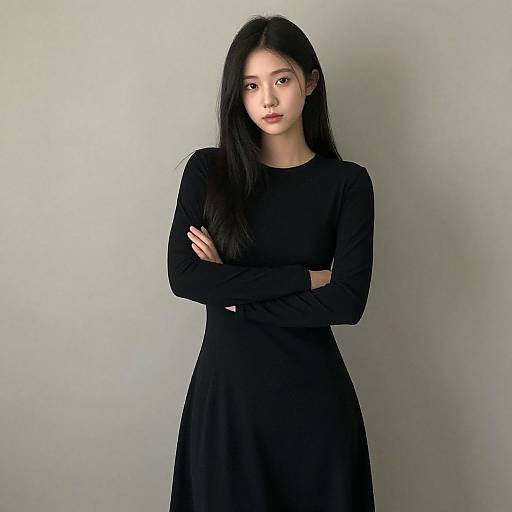 Photograph of an East Asian woman with long black hair, wearing a black long-sleeve dress, standing against a plain gray wall with arms crossed